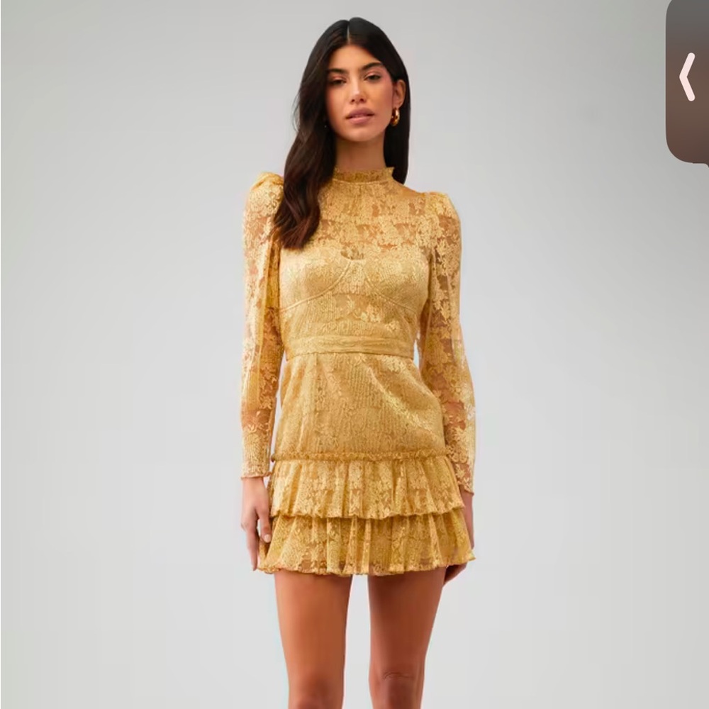 SAYLOR Adria Long Sleeve Lace Minidress Gold Size Large - Picture 8 of 8